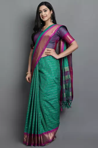 Rama Green Woven Cotton Silk Dharmavaram Silk Blend Saree With Blouse