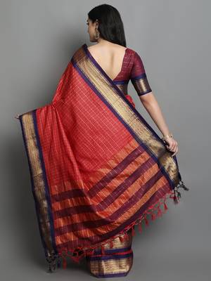 Red Woven Cotton Silk Dharmavaram Silk Blend Saree With Blouse 2