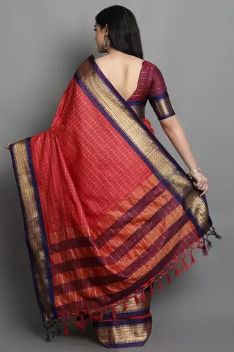 Red Woven Cotton Silk Dharmavaram Silk Blend Saree With Blouse