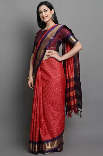 Red Woven Cotton Silk Dharmavaram Silk Blend Saree With Blouse