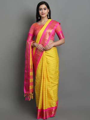 Yellow Woven Cotton Silk Dharmavaram Silk Blend Saree With Blouse 1
