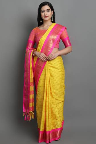 Yellow Woven Cotton Silk Dharmavaram Silk Blend Saree With Blouse