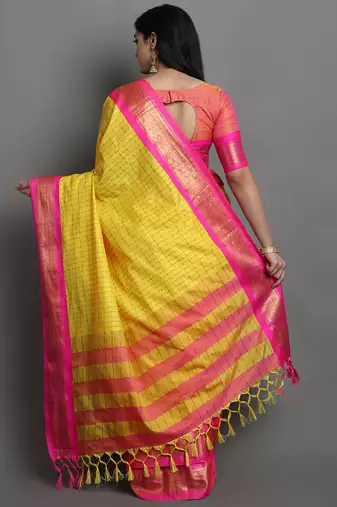 Yellow Woven Cotton Silk Dharmavaram Silk Blend Saree With Blouse