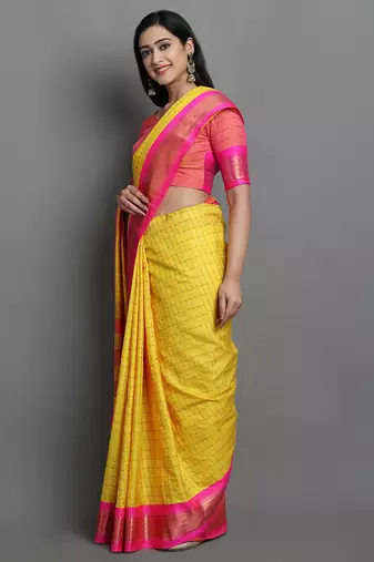 Yellow Woven Cotton Silk Dharmavaram Silk Blend Saree With Blouse