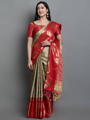 Beige Woven Cotton Silk Jaccaurd Dharmavaram Silk Blend Saree With Blouse 1