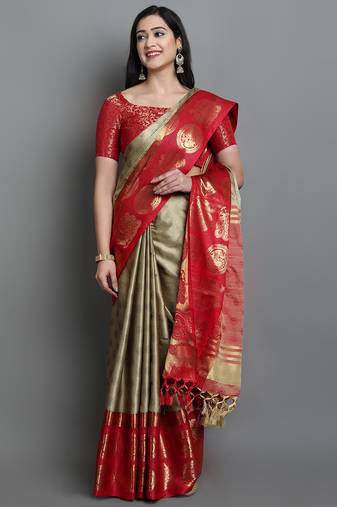 Beige Woven Cotton Silk Jaccaurd Dharmavaram Silk Blend Saree With Blouse