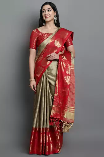 Beige Woven Cotton Silk Jaccaurd Dharmavaram Silk Blend Saree With Blouse