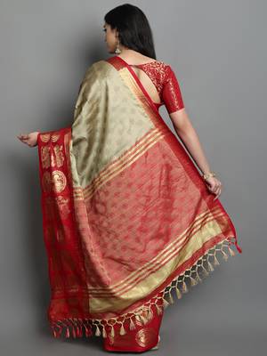 Beige Woven Cotton Silk Jaccaurd Dharmavaram Silk Blend Saree With Blouse 2