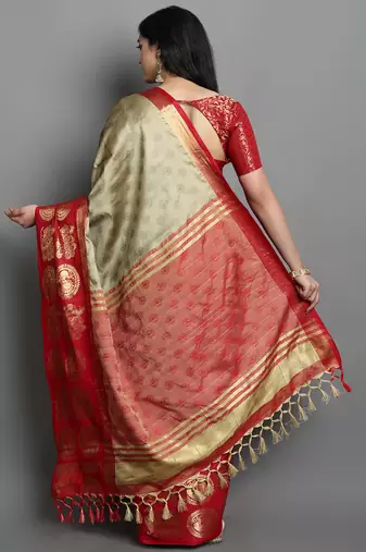 Beige Woven Cotton Silk Jaccaurd Dharmavaram Silk Blend Saree With Blouse