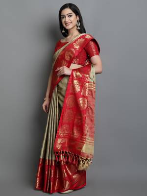 Beige Woven Cotton Silk Jaccaurd Dharmavaram Silk Blend Saree With Blouse 3