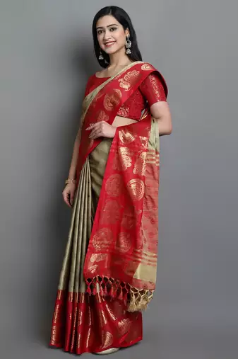 Beige Woven Cotton Silk Jaccaurd Dharmavaram Silk Blend Saree With Blouse