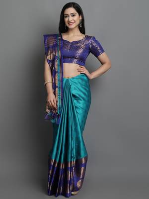 Turquoise Blue Cotton Silk Zari Woven Saree 1