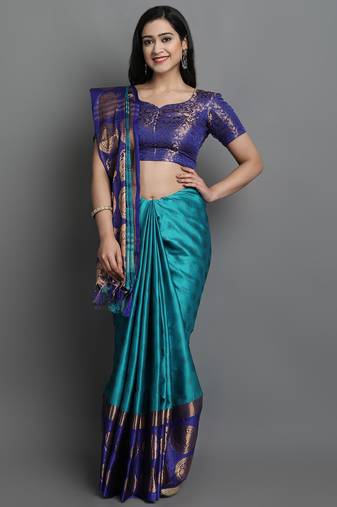 Turquoise Blue Cotton Silk Zari Woven Saree