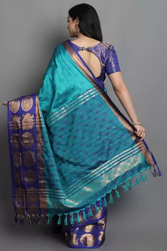 Turquoise Blue Cotton Silk Zari Woven Saree