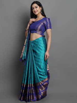 Turquoise Blue Cotton Silk Zari Woven Saree 3