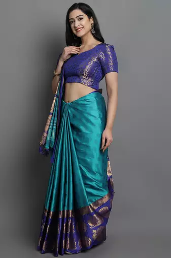 Turquoise Blue Cotton Silk Zari Woven Saree