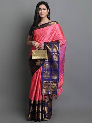 Pink Woven Cotton Silk Jaccaurd Dharmavaram Silk Blend Saree With Blouse 1