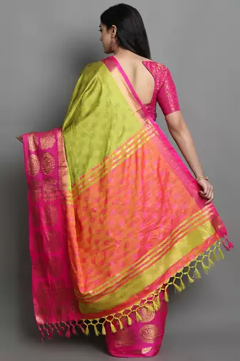 Lime Woven Cotton Silk Jaccaurd Dharmavaram Silk Blend Saree With Blouse