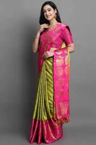 Lime Woven Cotton Silk Jaccaurd Dharmavaram Silk Blend Saree With Blouse
