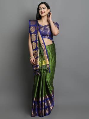 Dark Green and Blue Cotton Silk Saree 1