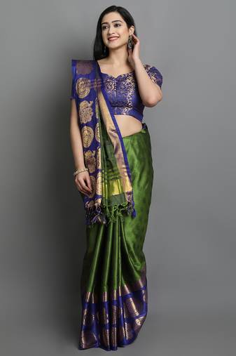 Dark Green and Blue Cotton Silk Saree