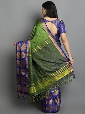 Dark Green and Blue Cotton Silk Saree 2