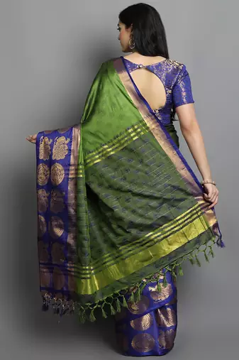 Dark Green and Blue Cotton Silk Saree