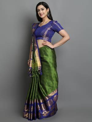 Dark Green and Blue Cotton Silk Saree 3