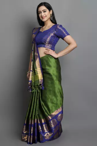 Dark Green and Blue Cotton Silk Saree