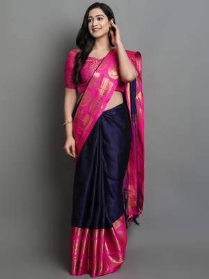 Navy Blue and Pink Cotton Silk Jacquard Printed Saree with Blouse 1