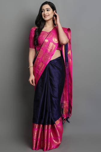 Navy Blue and Pink Cotton Silk Jacquard Printed Saree with Blouse