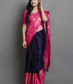 Navy Blue and Pink Cotton Silk Jacquard Printed Saree with Blouse