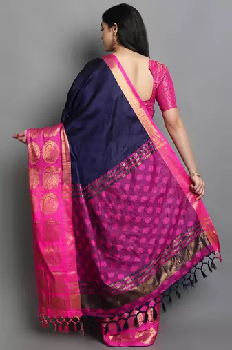 Navy Blue and Pink Cotton Silk Jacquard Printed Saree with Blouse