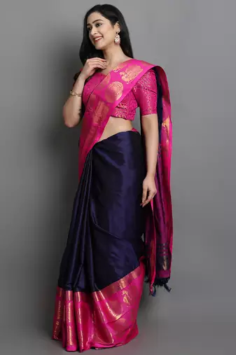 Navy Blue and Pink Cotton Silk Jacquard Printed Saree with Blouse
