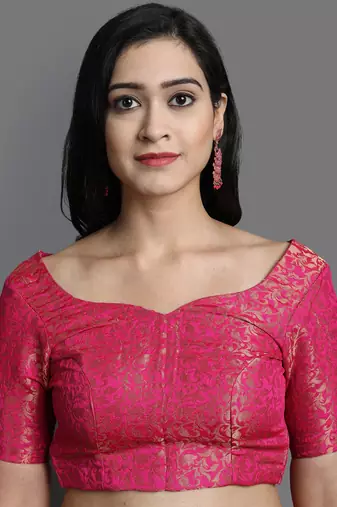 Navy Blue and Pink Cotton Silk Jacquard Printed Saree with Blouse