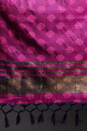 Navy Blue and Pink Cotton Silk Jacquard Printed Saree with Blouse