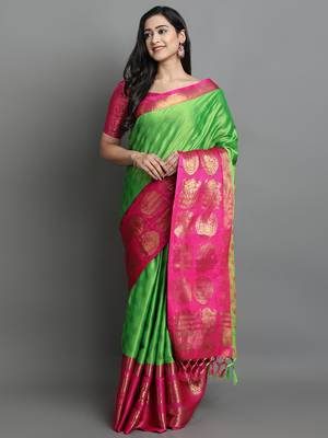Light Green Woven Cotton Silk Jaccaurd Dharmavaram Silk Blend Saree With Blouse 1