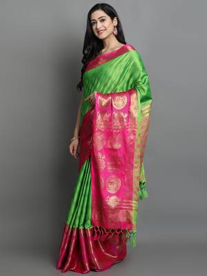 Light Green Woven Cotton Silk Jaccaurd Dharmavaram Silk Blend Saree With Blouse 3