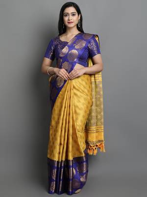 Yellow Woven Cotton Silk Jaccaurd Dharmavaram Silk Blend Saree With Blouse 1