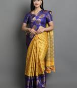 Yellow Woven Cotton Silk Jaccaurd Dharmavaram Silk Blend Saree With Blouse