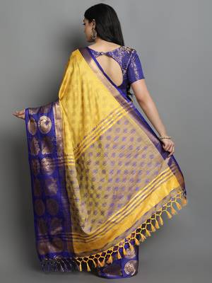 Yellow Woven Cotton Silk Jaccaurd Dharmavaram Silk Blend Saree With Blouse 2