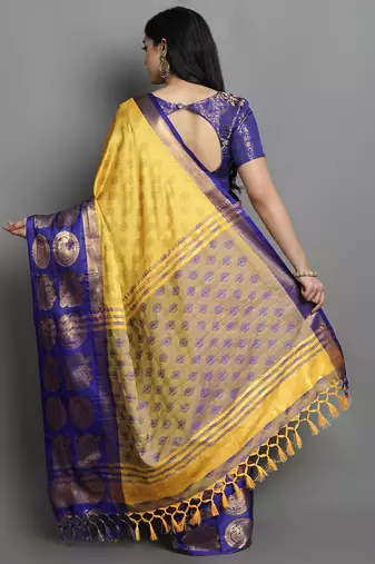 Yellow Woven Cotton Silk Jaccaurd Dharmavaram Silk Blend Saree With Blouse
