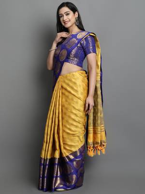 Yellow Woven Cotton Silk Jaccaurd Dharmavaram Silk Blend Saree With Blouse 3