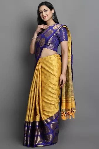 Yellow Woven Cotton Silk Jaccaurd Dharmavaram Silk Blend Saree With Blouse