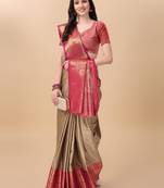 Beige blue self jacqurd cotton silk dharmavarm saree with blouse