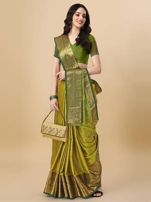Lime blue self jacqurd cotton silk dharmavarm saree with blouse 1