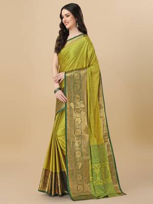 Lime blue self jacqurd cotton silk dharmavarm saree with blouse 3