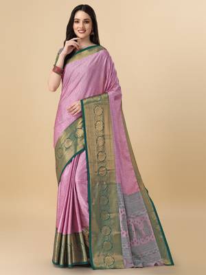Peach blue self jacqurd cotton silk dharmavarm saree with blouse 1