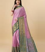 Peach blue self jacqurd cotton silk dharmavarm saree with blouse