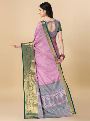 Peach blue self jacqurd cotton silk dharmavarm saree with blouse 2